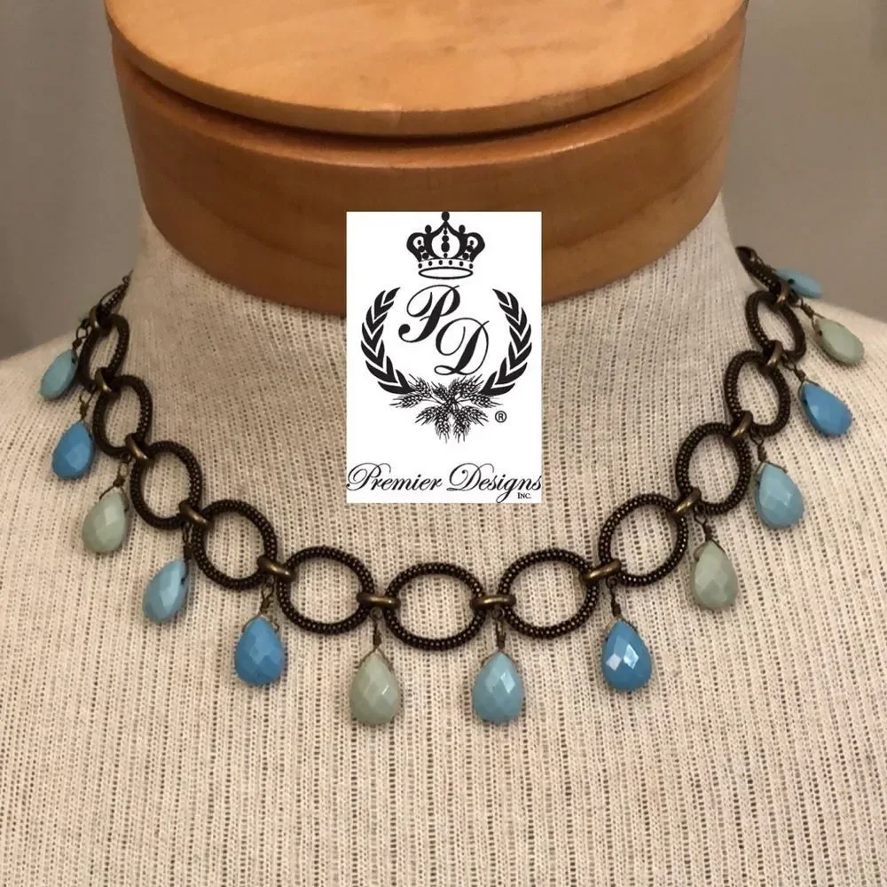 Premier Designs Caribbean Antique Goldtone - Bronze Chain Necklace Blue Beads